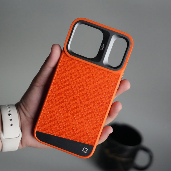 iPhone 17 Pro GeoMaze Pattern Leather Case | Premium Luxury Back Cover with Metal Camera Frame