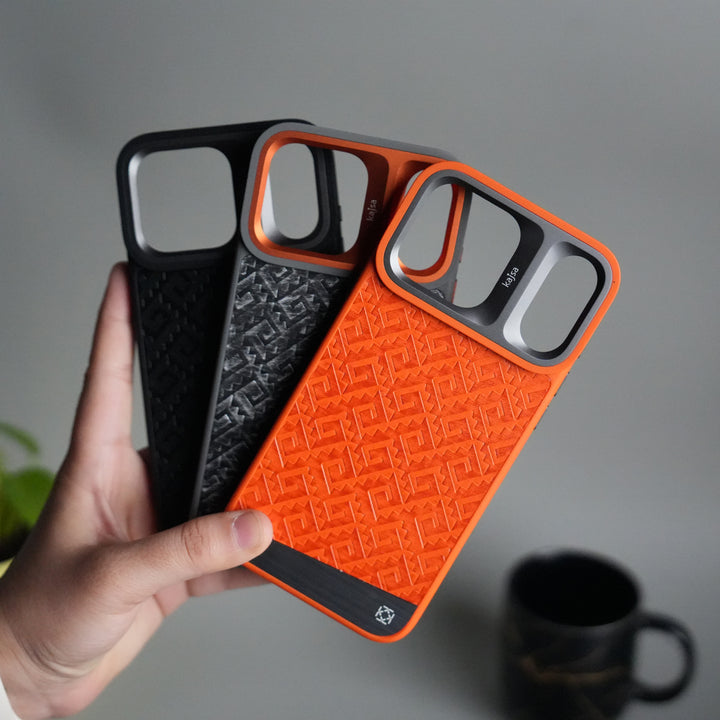 iPhone 17 Pro GeoMaze Pattern Leather Case | Premium Luxury Back Cover with Metal Camera Frame