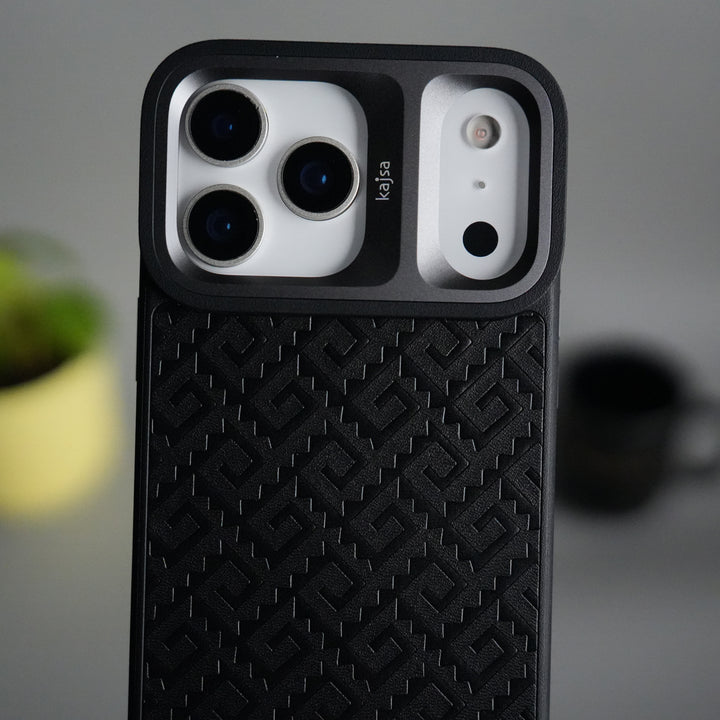 iPhone 17 Pro GeoMaze Pattern Leather Case | Premium Luxury Back Cover with Metal Camera Frame