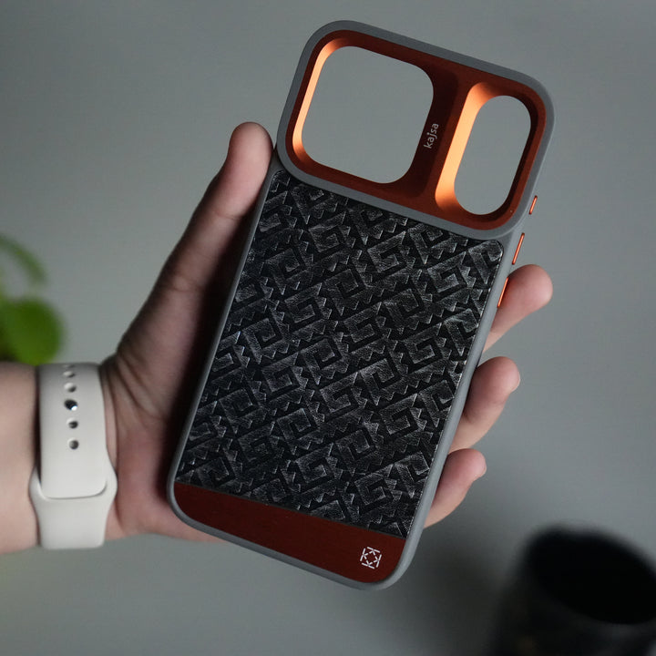 iPhone 17 Pro GeoMaze Pattern Leather Case | Premium Luxury Back Cover with Metal Camera Frame