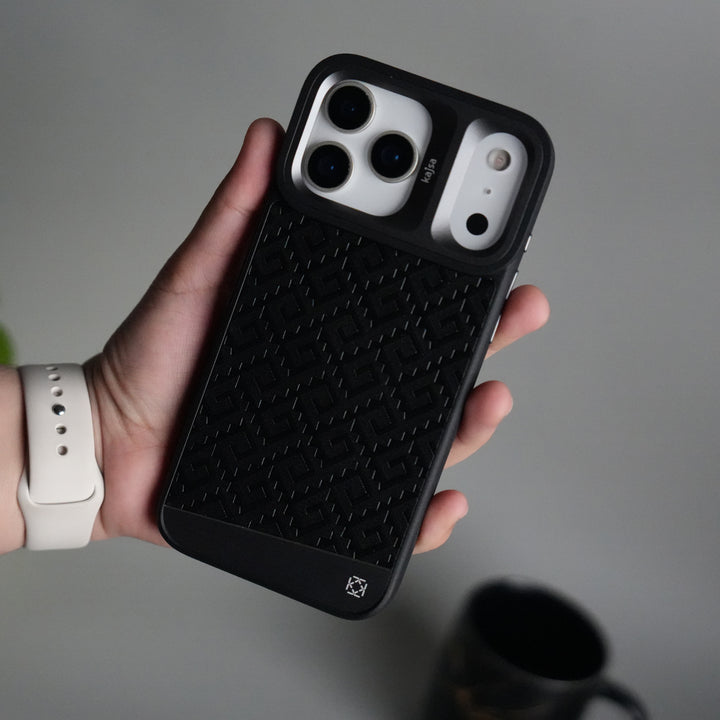 iPhone 17 Pro GeoMaze Pattern Leather Case | Premium Luxury Back Cover with Metal Camera Frame