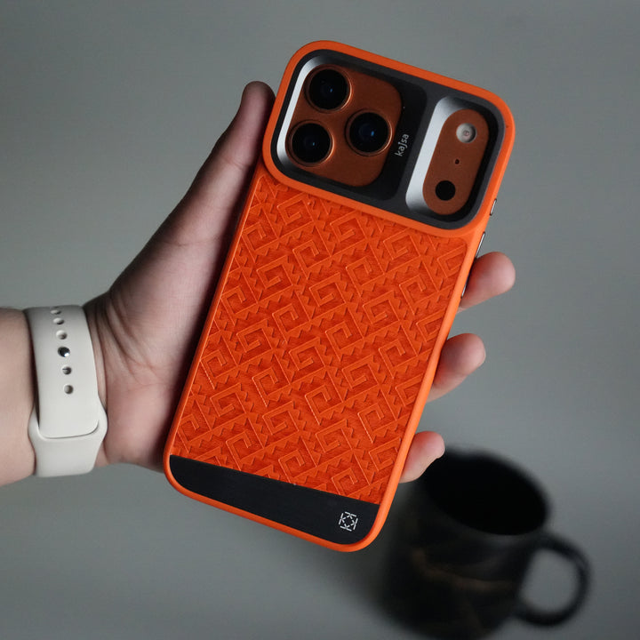 iPhone 17 Pro GeoMaze Pattern Leather Case | Premium Luxury Back Cover with Metal Camera Frame