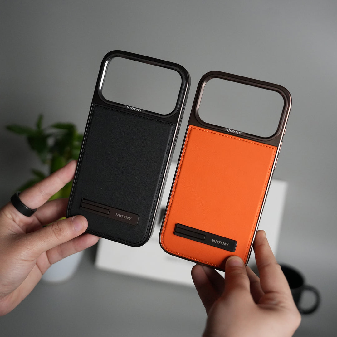 iPhone 17 Pro Leather Mate Chrome Plated Kick Stand Case Cover