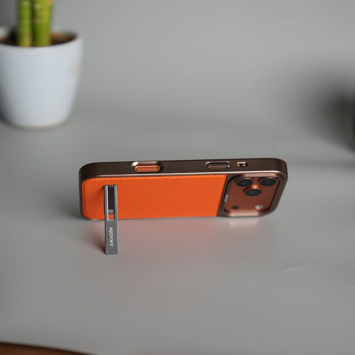 iPhone 17 Pro Leather Mate Chrome Plated Kick Stand Case Cover