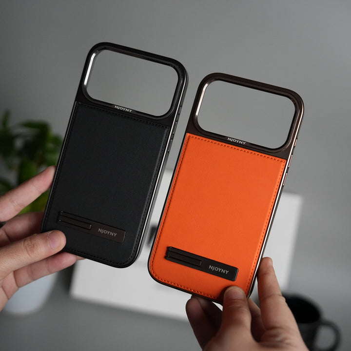 iPhone 17 Pro Leather Mate Chrome Plated Kick Stand Case Cover