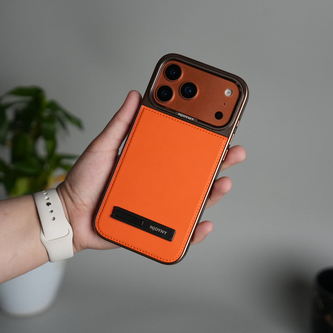 iPhone 17 Pro Leather Mate Chrome Plated Kick Stand Case Cover