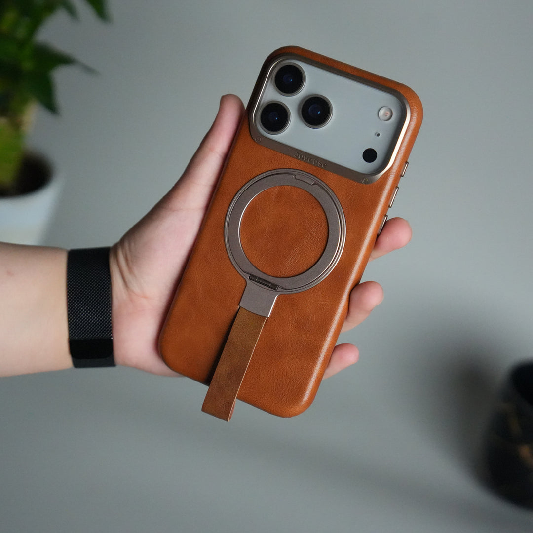 iPhone 17 Pro Luxury Leather MagSafe Case | Metal Ring Stand and Grip Holder Cover
