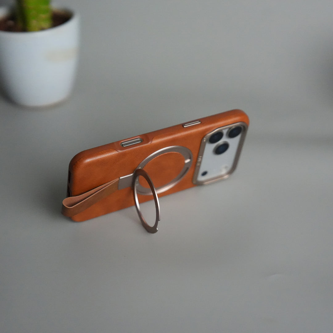 iPhone 17 Pro Luxury Leather MagSafe Case | Metal Ring Stand and Grip Holder Cover