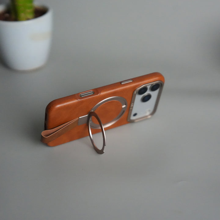 iPhone 17 Pro Luxury Leather MagSafe Case | Metal Ring Stand and Grip Holder Cover