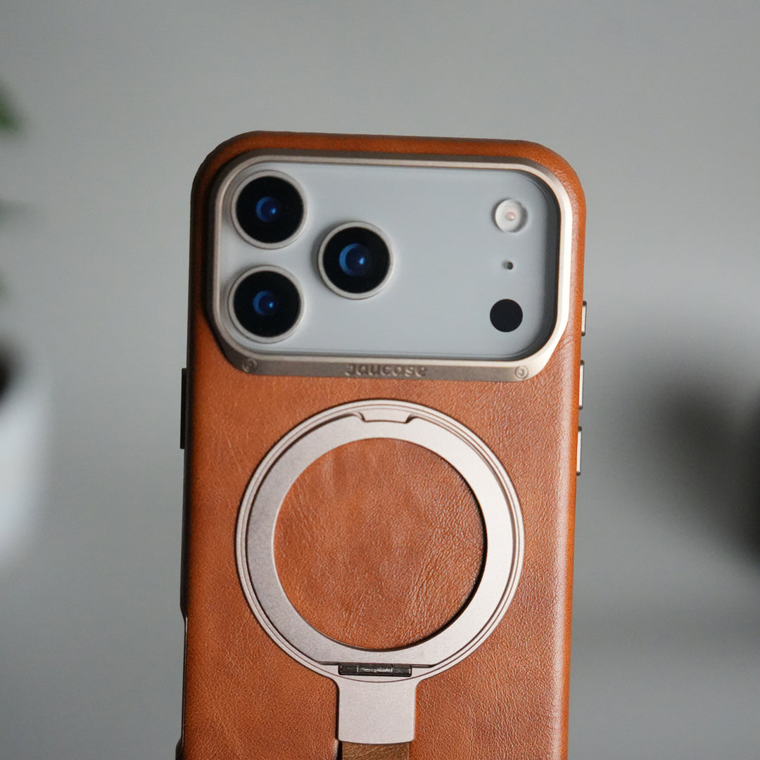 iPhone 17 Pro Luxury Leather MagSafe Case | Metal Ring Stand and Grip Holder Cover