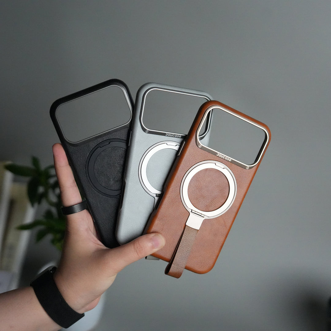 iPhone 17 Pro Luxury Leather MagSafe Case | Metal Ring Stand and Grip Holder Cover