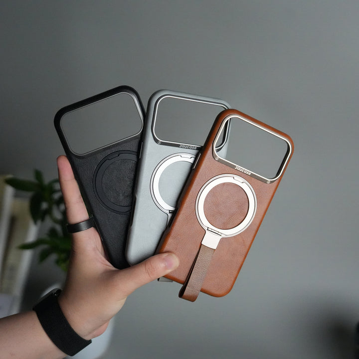 iPhone 17 Pro Luxury Leather MagSafe Case | Metal Ring Stand and Grip Holder Cover