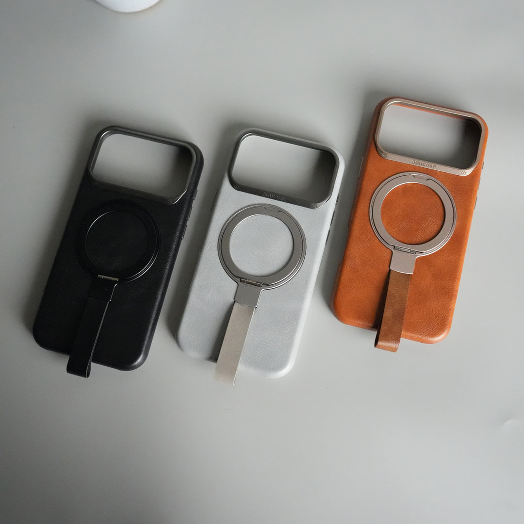 iPhone 17 Pro Luxury Leather MagSafe Case | Metal Ring Stand and Grip Holder Cover