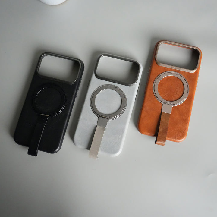 iPhone 17 Pro Luxury Leather MagSafe Case | Metal Ring Stand and Grip Holder Cover