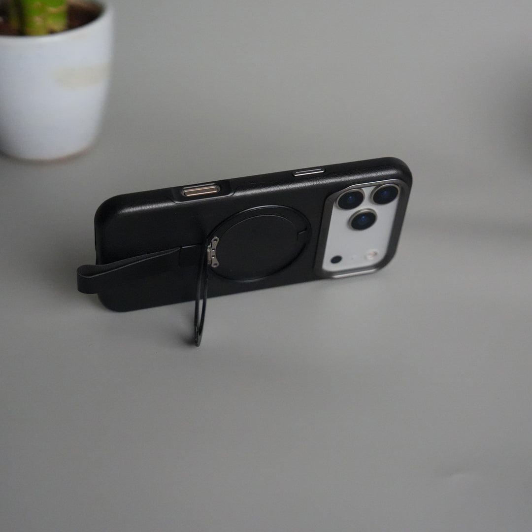 iPhone 17 Pro Luxury Leather MagSafe Case | Metal Ring Stand and Grip Holder Cover