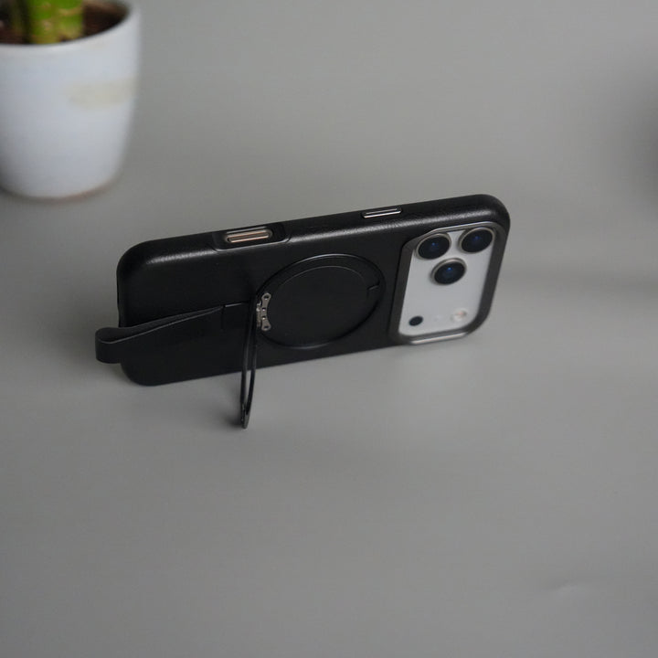 iPhone 17 Pro Luxury Leather MagSafe Case | Metal Ring Stand and Grip Holder Cover