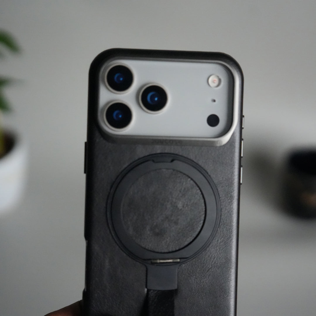 iPhone 17 Pro Luxury Leather MagSafe Case | Metal Ring Stand and Grip Holder Cover