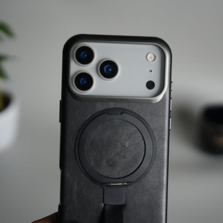 iPhone 17 Pro Luxury Leather MagSafe Case | Metal Ring Stand and Grip Holder Cover