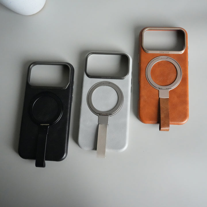 iPhone 17 Pro Luxury Leather MagSafe Case | Metal Ring Stand and Grip Holder Cover