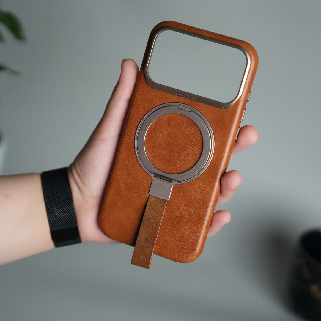 iPhone 17 Pro Luxury Leather MagSafe Case | Metal Ring Stand and Grip Holder Cover