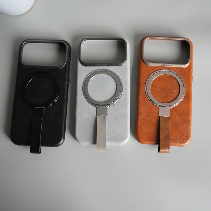 iPhone 17 Pro Luxury Leather MagSafe Case | Metal Ring Stand and Grip Holder Cover