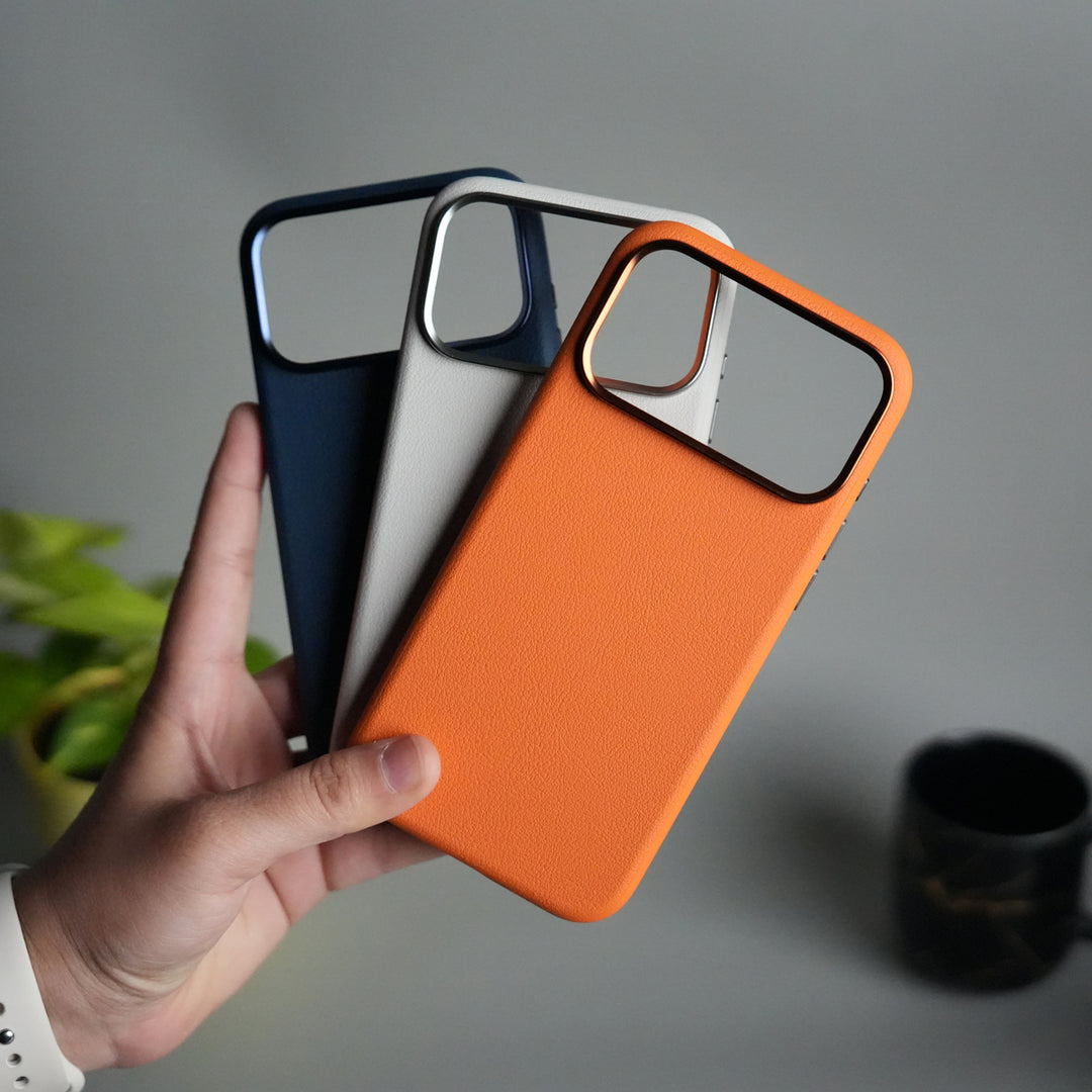 iPhone 17 Pro PU Leather Case with Metal Camera Frame & Built-in MagSafe Back Cover