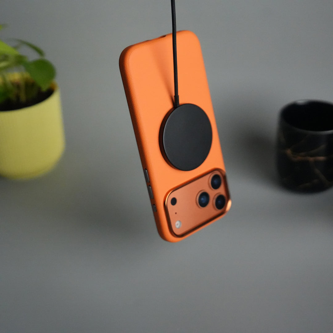 iPhone 17 Pro PU Leather Case with Metal Camera Frame & Built-in MagSafe Back Cover