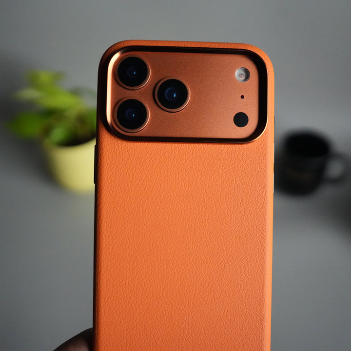 iPhone 17 Pro PU Leather Case with Metal Camera Frame & Built-in MagSafe Back Cover