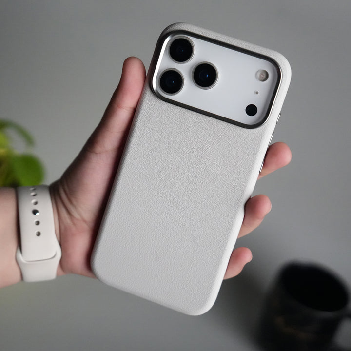 iPhone 17 Pro PU Leather Case with Metal Camera Frame & Built-in MagSafe Back Cover