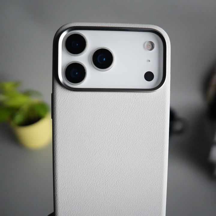 iPhone 17 Pro PU Leather Case with Metal Camera Frame & Built-in MagSafe Back Cover