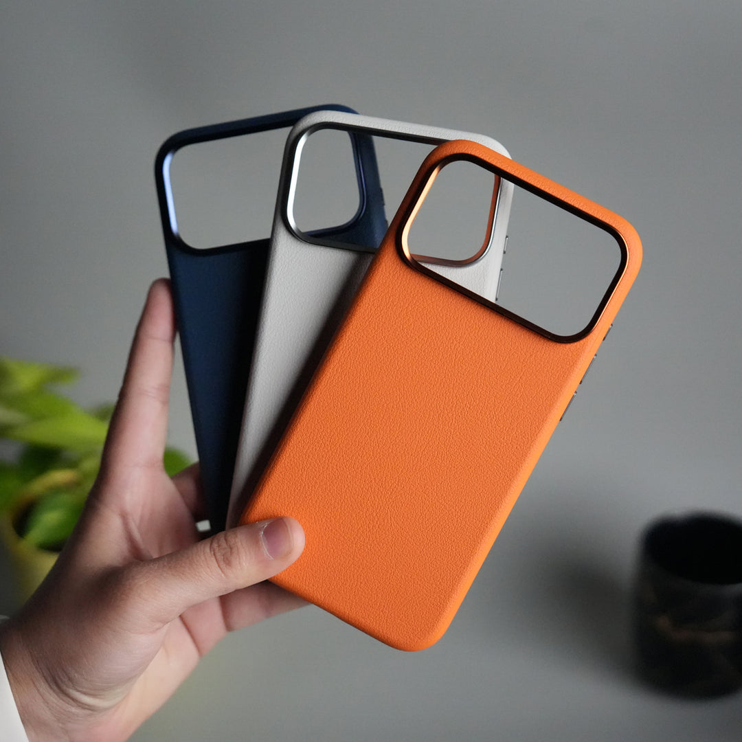 iPhone 17 Pro PU Leather Case with Metal Camera Frame & Built-in MagSafe Back Cover