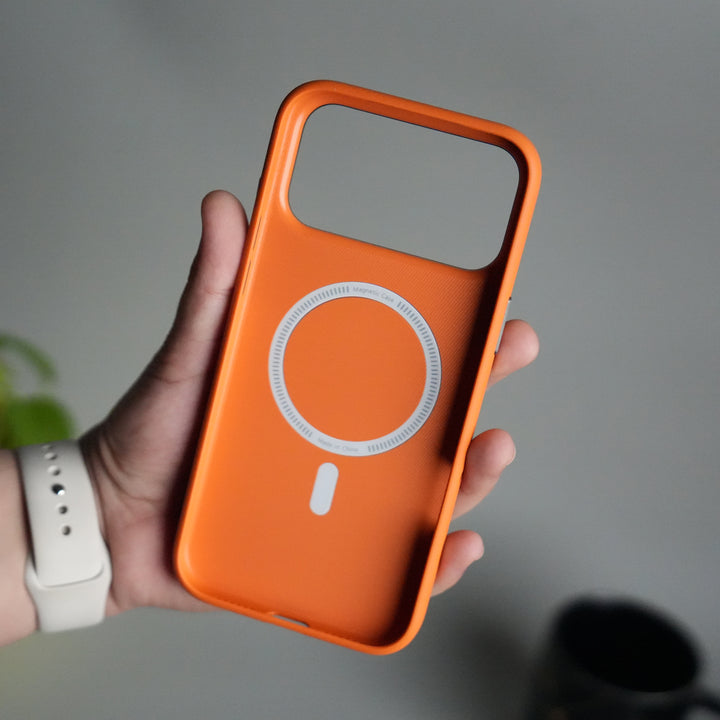 iPhone 17 Pro PU Leather Case with Metal Camera Frame & Built-in MagSafe Back Cover