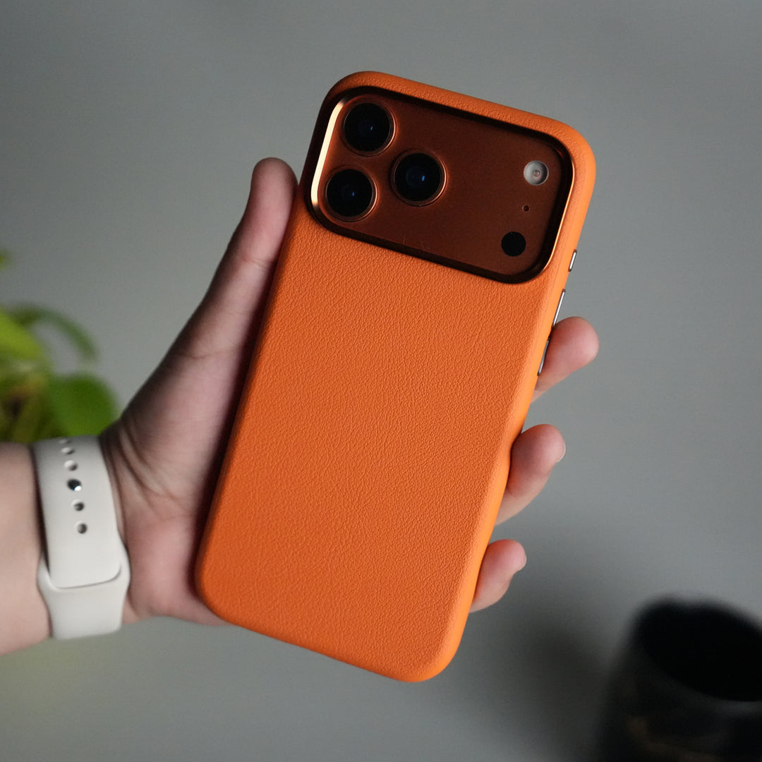 iPhone 17 Pro PU Leather Case with Metal Camera Frame & Built-in MagSafe Back Cover