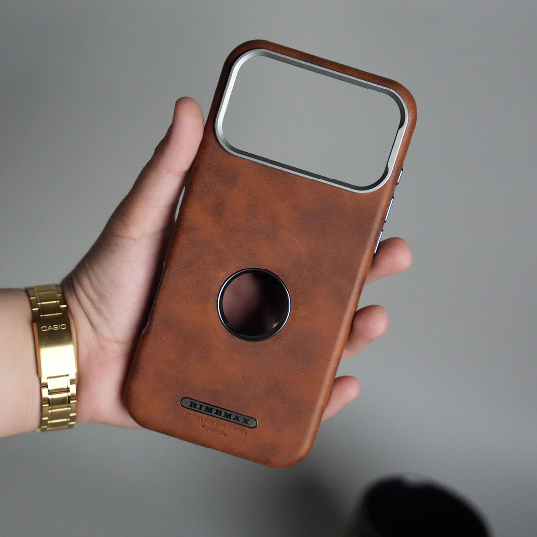 iPhone 17 Pro PU Leather Logo Cut MagSafe Case | Metal Camera Frame with Premium Finish