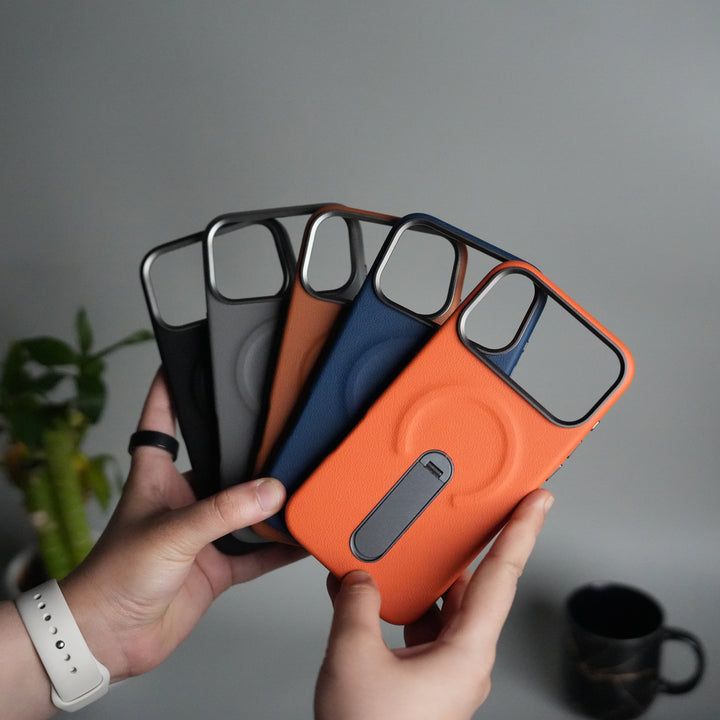 iPhone 17 Pro Premium Leather-Texture Back Case with Metal Kickstand | Shockproof Cover