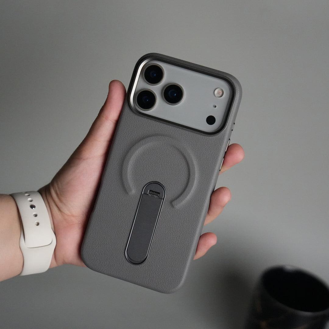 iPhone 17 Pro Premium Leather-Texture Back Case with Metal Kickstand | Shockproof Cover