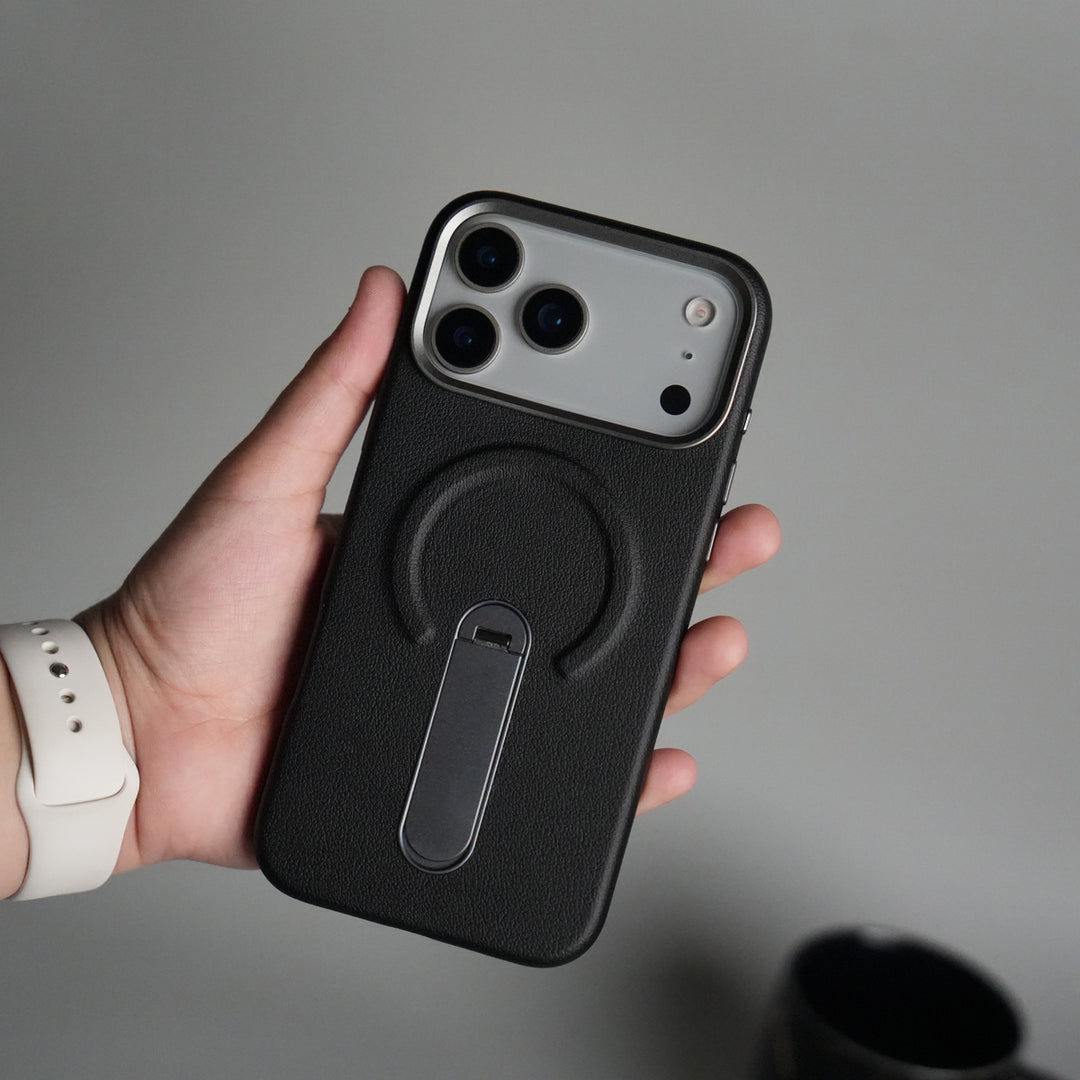 iPhone 17 Pro Premium Leather-Texture Back Case with Metal Kickstand | Shockproof Cover