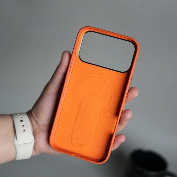 iPhone 17 Pro Premium Leather-Texture Back Case with Metal Kickstand | Shockproof Cover