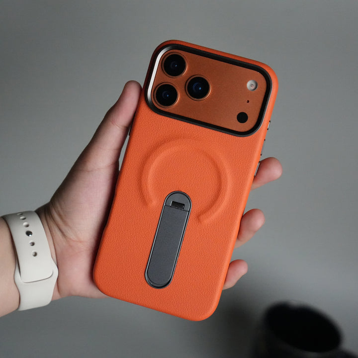 iPhone 17 Pro Premium Leather-Texture Back Case with Metal Kickstand | Shockproof Cover