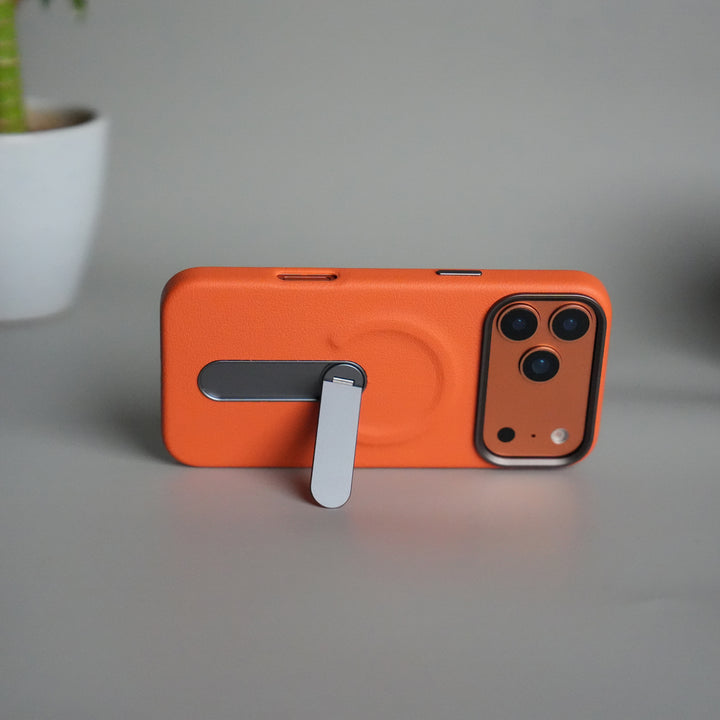 iPhone 17 Pro Premium Leather-Texture Back Case with Metal Kickstand | Shockproof Cover