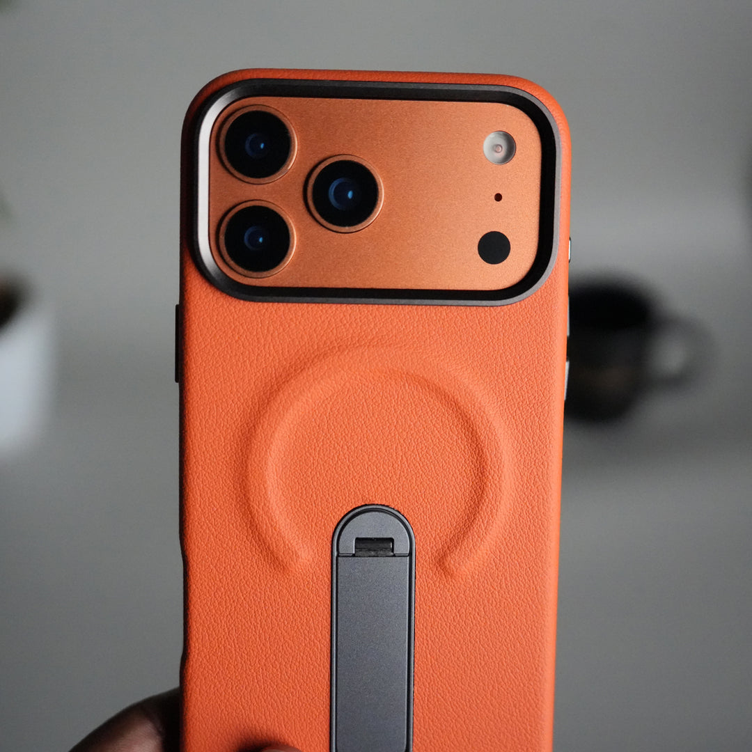 iPhone 17 Pro Premium Leather-Texture Back Case with Metal Kickstand | Shockproof Cover