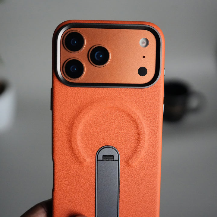 iPhone 17 Pro Premium Leather-Texture Back Case with Metal Kickstand | Shockproof Cover