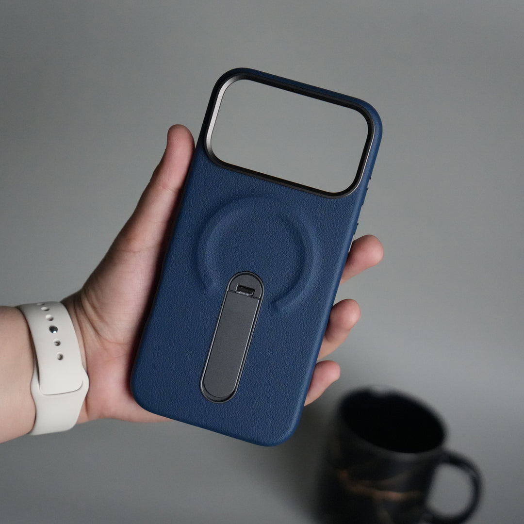 iPhone 17 Pro Premium Leather-Texture Back Case with Metal Kickstand | Shockproof Cover