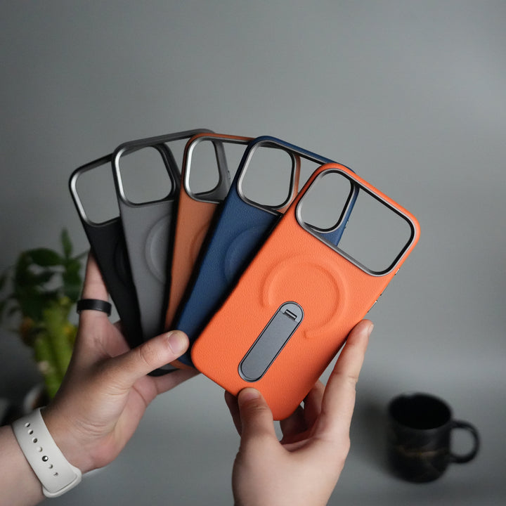 iPhone 17 Pro Premium Leather-Texture Back Case with Metal Kickstand | Shockproof Cover