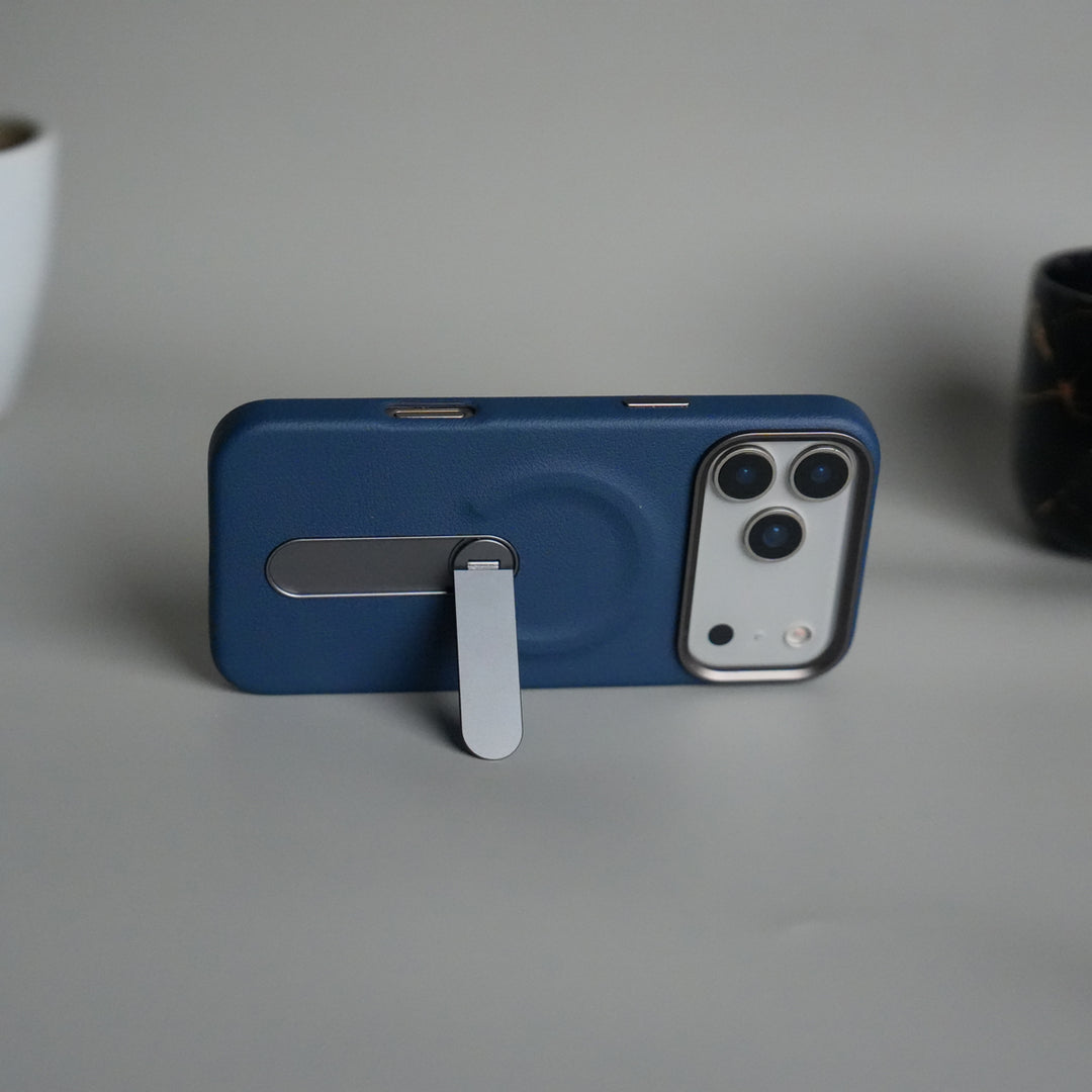 iPhone 17 Pro Premium Leather-Texture Back Case with Metal Kickstand | Shockproof Cover