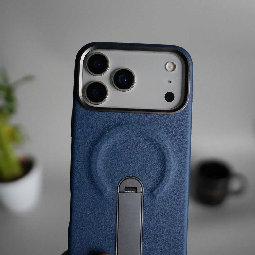 iPhone 17 Pro Premium Leather-Texture Back Case with Metal Kickstand | Shockproof Cover