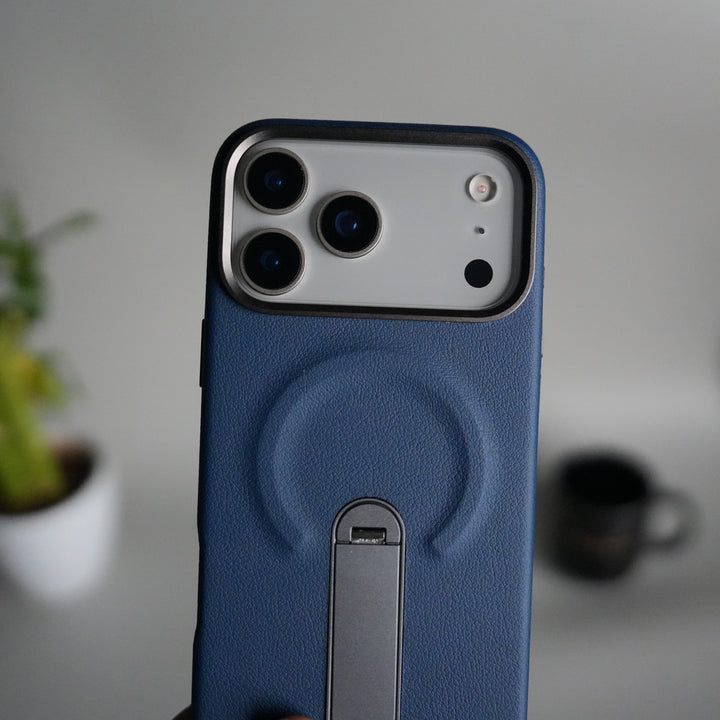 iPhone 17 Pro Premium Leather-Texture Back Case with Metal Kickstand | Shockproof Cover