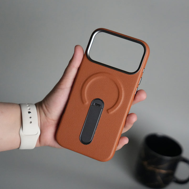 iPhone 17 Pro Premium Leather-Texture Back Case with Metal Kickstand | Shockproof Cover