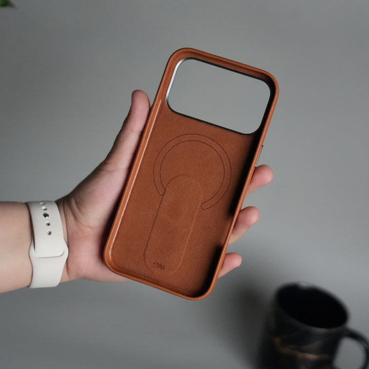 iPhone 17 Pro Premium Leather-Texture Back Case with Metal Kickstand | Shockproof Cover