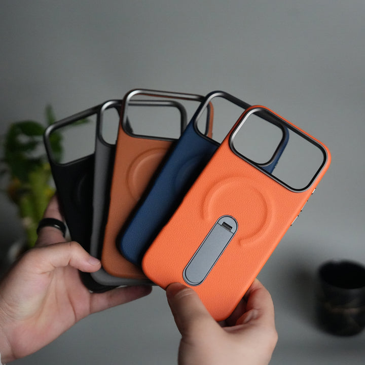 iPhone 17 Pro Premium Leather-Texture Back Case with Metal Kickstand | Shockproof Cover